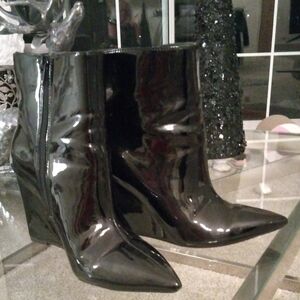INC International Concepts Shiny Black Wedge Pointed Toe Boots